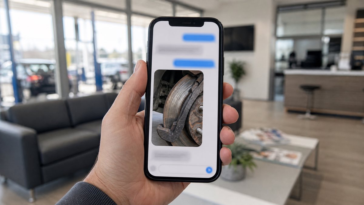 Customer viewing a texted photo of a worn brake component