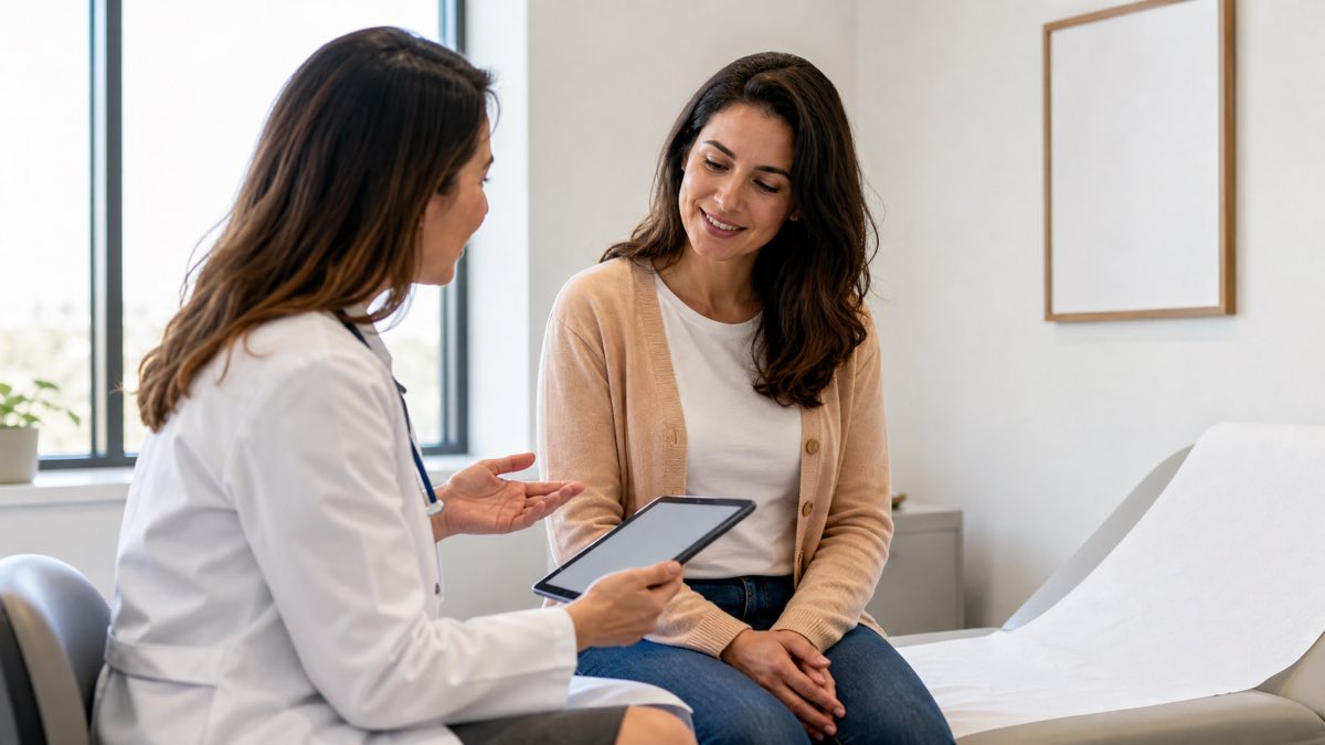 Doctor explaining something to a patient in a bright exam room
