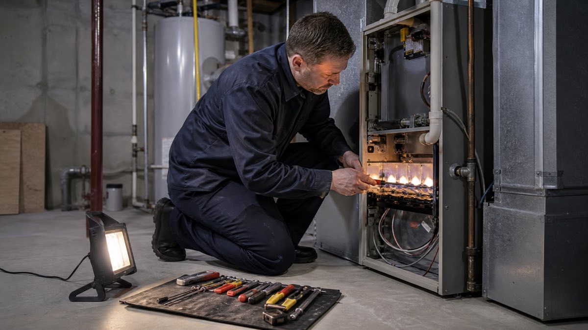 Technician servicing a residential furnace in a basement utility room