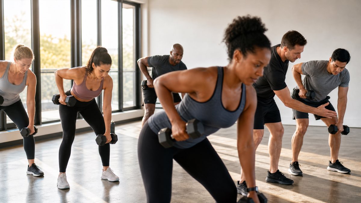 Small group fitness class training in a bright studio