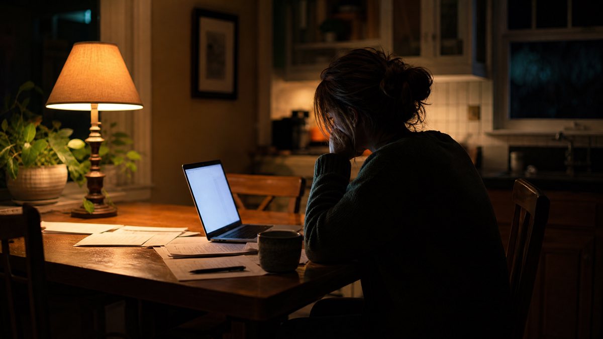 Person searching for legal answers late at night at a kitchen table