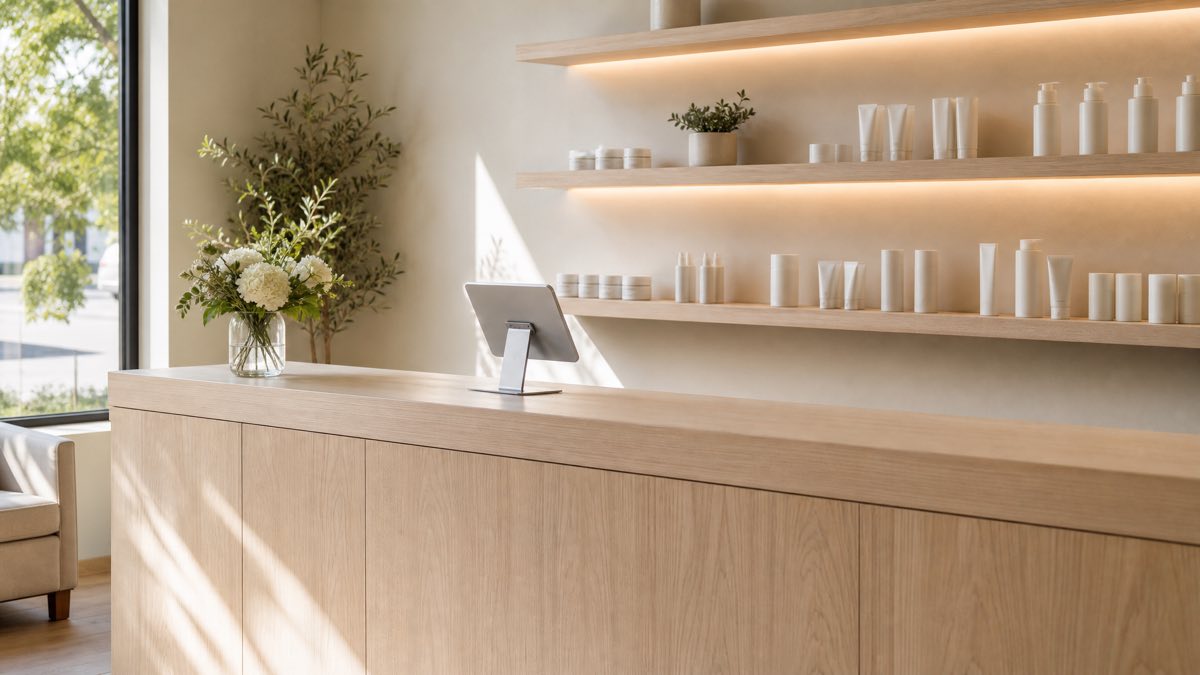 Calm med spa reception area with a booking tablet