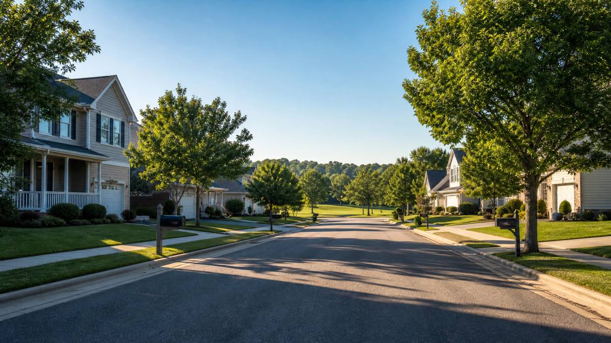 Quiet American suburban neighborhood street in morning light