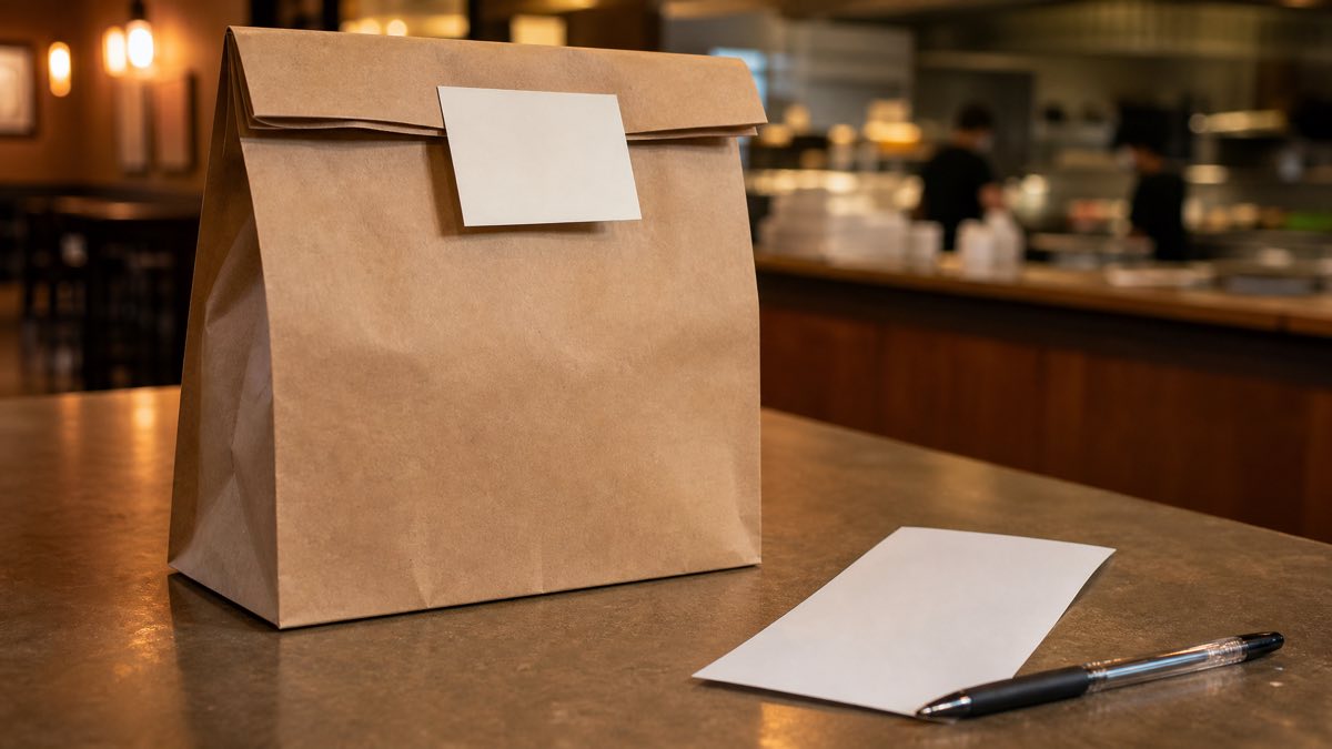 Takeout bag with a printed card insert on a restaurant counter