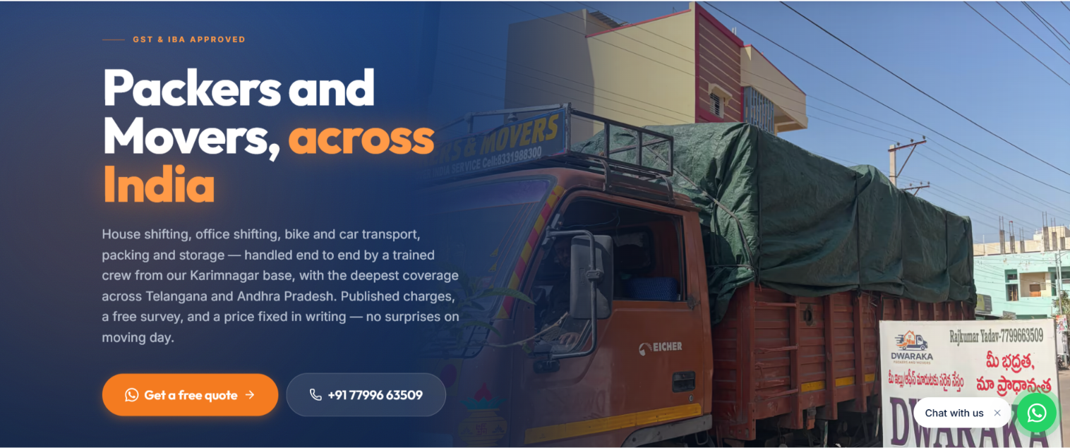 Dwaraka Packers and Movers — built by Mana Studio